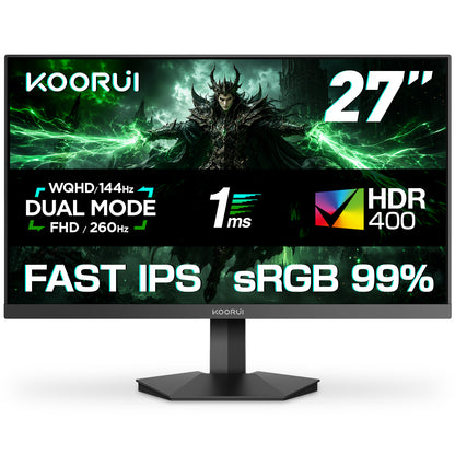 KOORUI ゲーミングモニター 27インチ デュアルモード WQHD 144Hz/FHD 260Hz Fast IPS 1ms HDR400